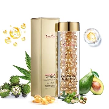 Hair Serum with Keratin & Castor Oil, Damaged Hair Repair, Deeply Hydrates, Leave Hair Soft & Shiny, Hair Heat protection, No Rinse, 50 Capsules