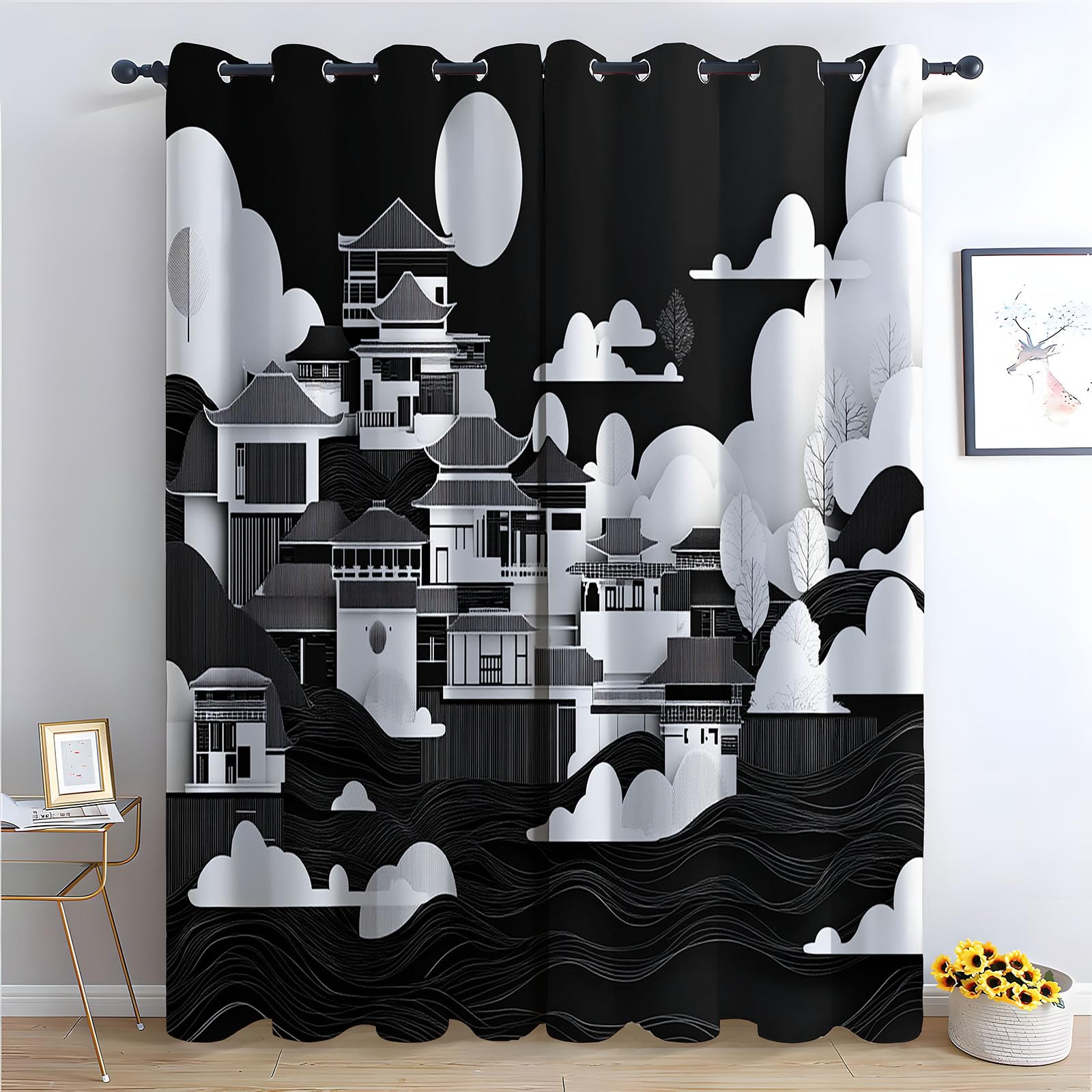 TERUEA Blackout Curtains for Bedroom Black-white papercut of traditional oriental buildings Window Drapes with Grommets Thermal Insulated Privacy Protect for Living Room-52 W x 84" L (Pack of 2)