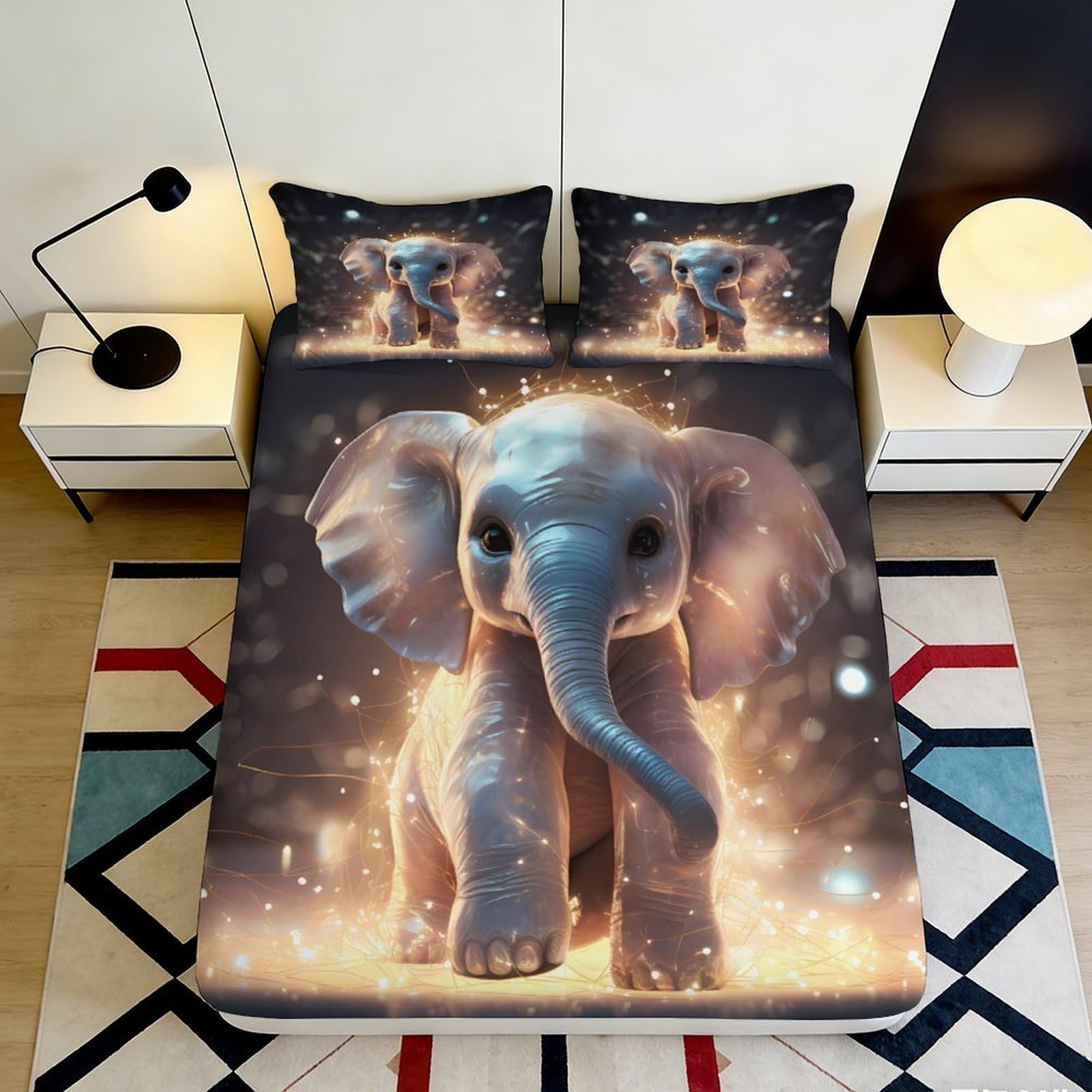 Uxinyoume Style-7 3D Printed Glowing Elephant Fitted Sheet Microfiber Soft Non-Slip Cartoon Animal Mattress Cover Bedroom Decor 90X200x25cm
