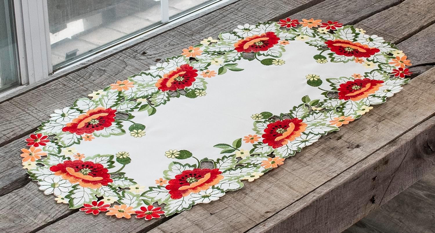 Embroidered Red Poppy on Ivory Table Runner, Dresser Scarf, Coffee Table Runner, Doily (14Wx27L)