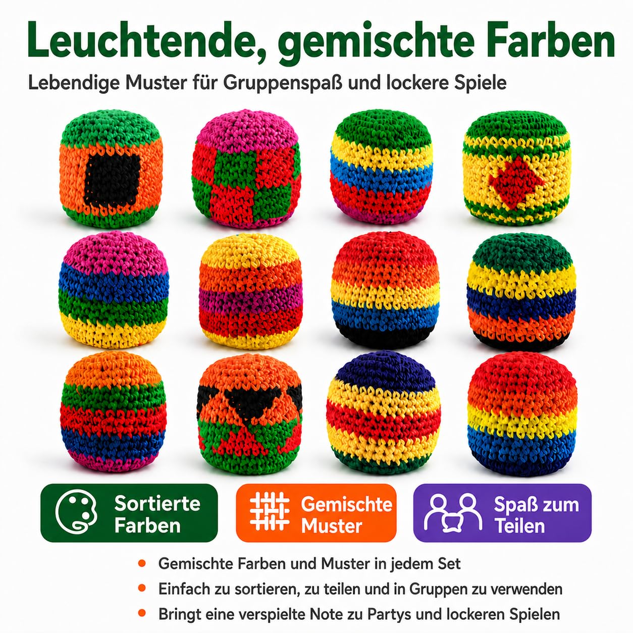 Generisch 6/12/24 Stück gestricktes Footbag-Set, Footbags in Häkeloptik, Bunte Jonglierbälle und Kickbeutel, weiches Wurfbeutel-Set für Outdoor-Aktivitäten und Partys