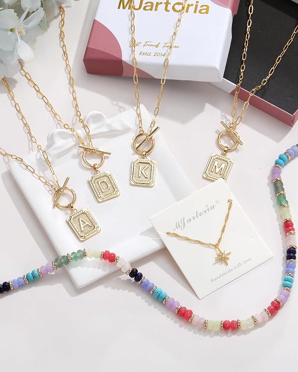 MJartoria Layered Initial Necklaces for Women Trendy, 14K Gold Plated Simple Star Choker Square Letter Pendant Necklace, Colorful Beaded Necklace, Gold Necklaces Jewelry Gifts (K, Gold Plated) by MJartoria - Used condition - Image 9