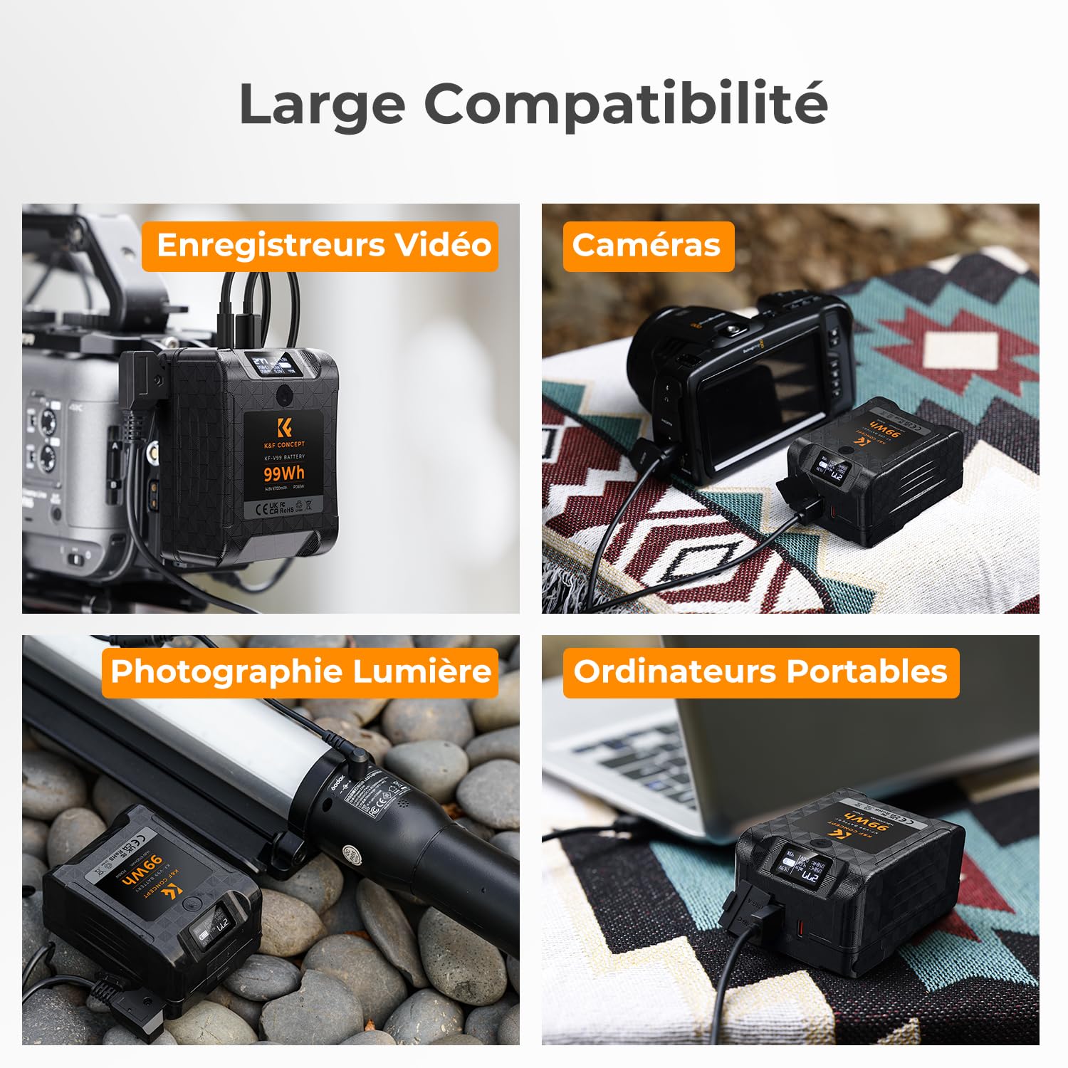 K&F CONCEPT Batterie V Mount 99 Wh 6700 mAh 14,8 V Mini Batterie V Lock 65W | Charge Rapide PD Bidirectionnelle avec D-Tap, USB-A, USB-C, BP, Écran OLED, pour Voyage/Camera/Smartphone KF-V99