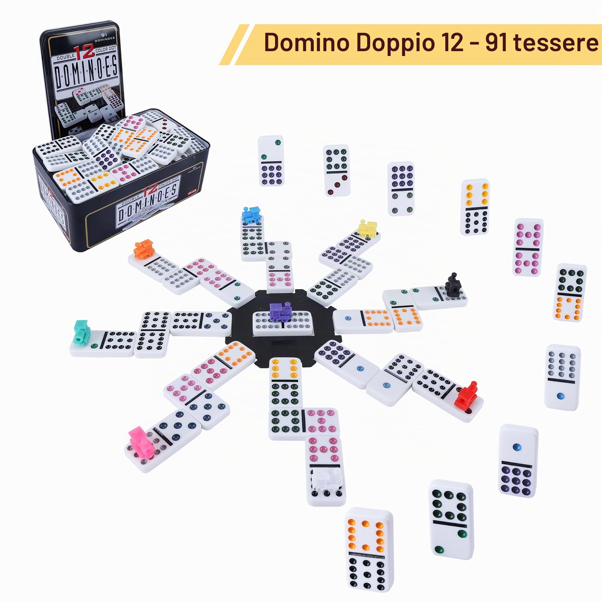 Set di Dominò Zug con 8 Vassoi in Legno/Supporto, 91 Fogliette, Domino Messicano Domino Doppio 12 con Scatola di Latta, Gioco da Tavolo Classico per Bambini, Adulti e Famiglie