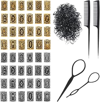 Keboyoe 48 Hair Beads Beard Baubles Viking for Men, Jewellery Hair Accessories Vikings Runes Braid Women, Norse Dreadlock Decorative with 1000 Rubber, DIY Bracelet Necklace Jewelry, Gold and Silver