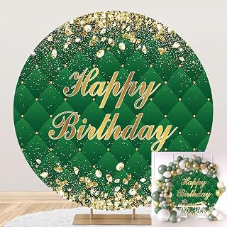 7.2x7.2ft Gold Green Glitter Birthday Party Round Backdrop Cover Gold Diamonds Glittering Sequins Happy Birthday Circle Backdrop Cover Adults Green Lozenge Birthday Photography Background Decor