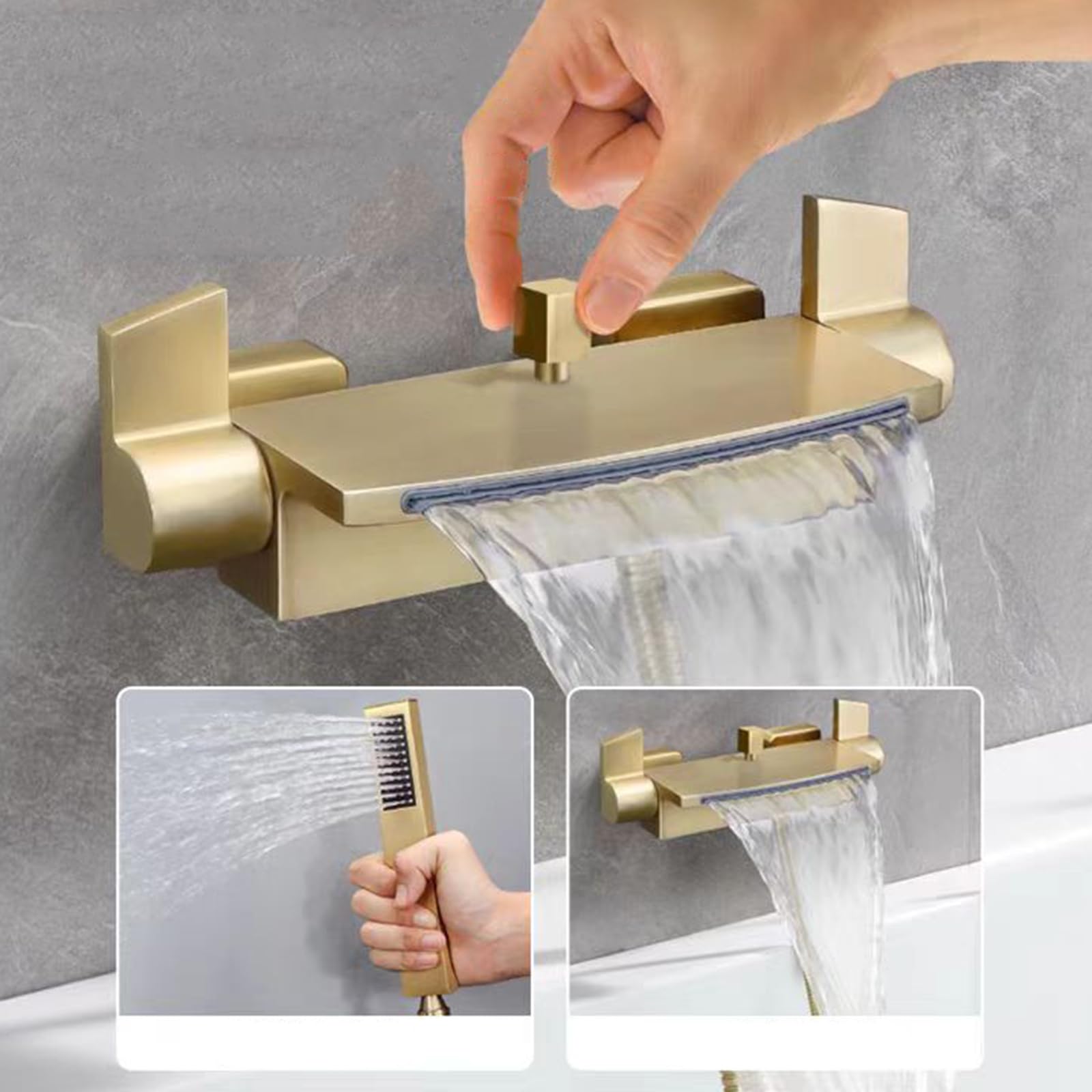 Grifo Mezclador de Ducha Y Bañera con Efecto Cascada Cabezal de Ducha Mural para Bañera Agua Caliente Y Fría Latón Cepillado Dorado