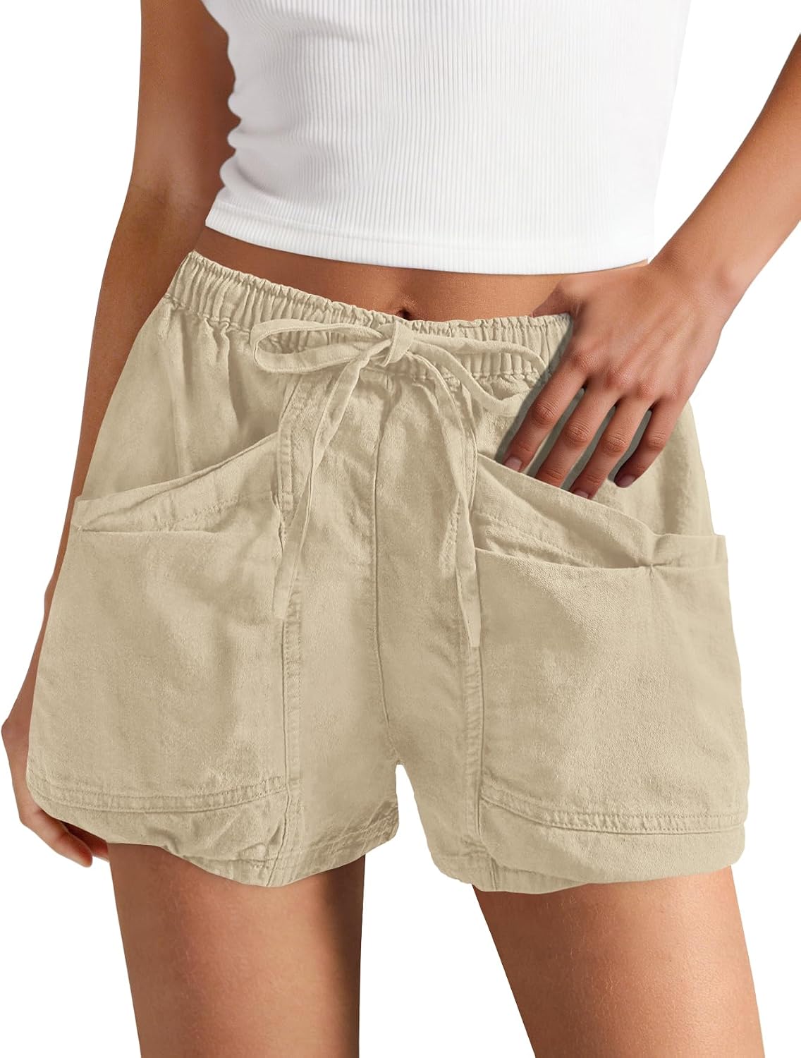 Yanekop Womens Cotton Linen Shorts High Waisted Drawstring Cargo Shorts