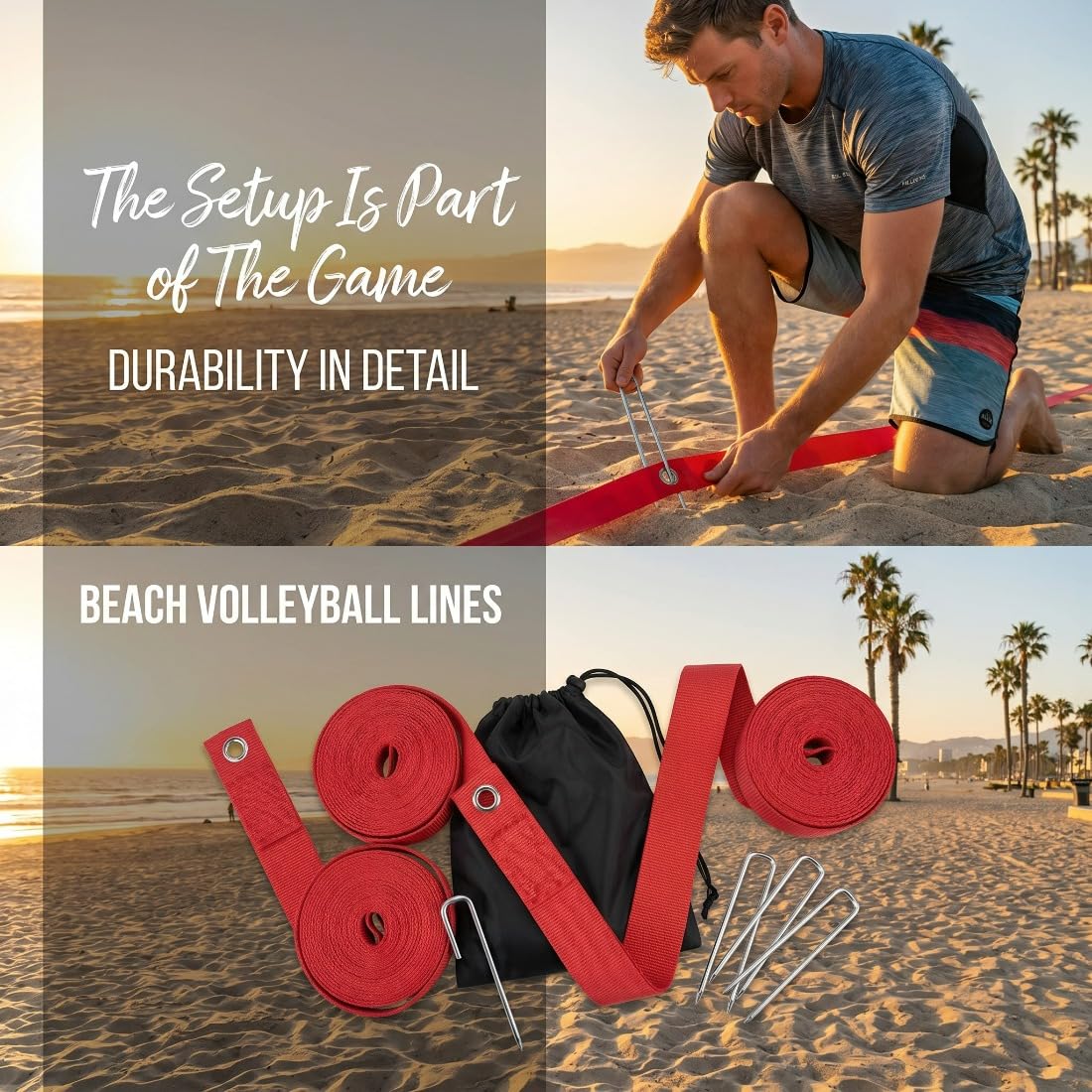 Beachvolleyball Linien Set, Professionelle Volleyball Feldmarkierung für Sandplatz und Garten, Reißfestes Gurtband mit Hoher Sichtbarkeit, Inklusive Erdspieße