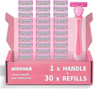6-Blade Razor, Anti-slip razors for Women Refill Cartridges razors, Reusable Face Cleansing Care Tool, Shave Supplies for Women 30 pcs refills cartridges- pink