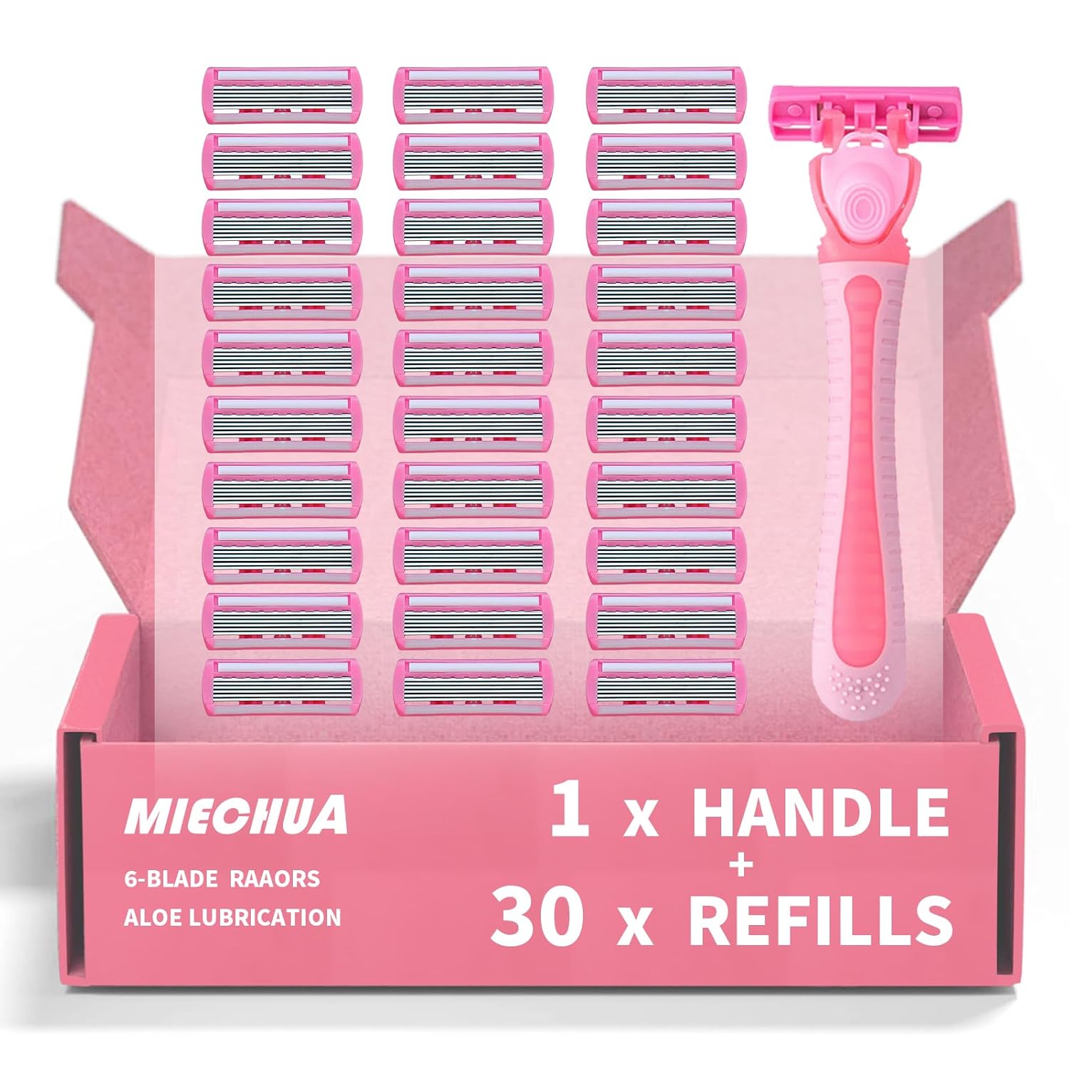 6-Blade Razor, Anti-slip razors for Women Refill Cartridges razors, Reusable Face Cleansing Care Tool, Shave Supplies for Women 30 pcs refills cartridges- pink
