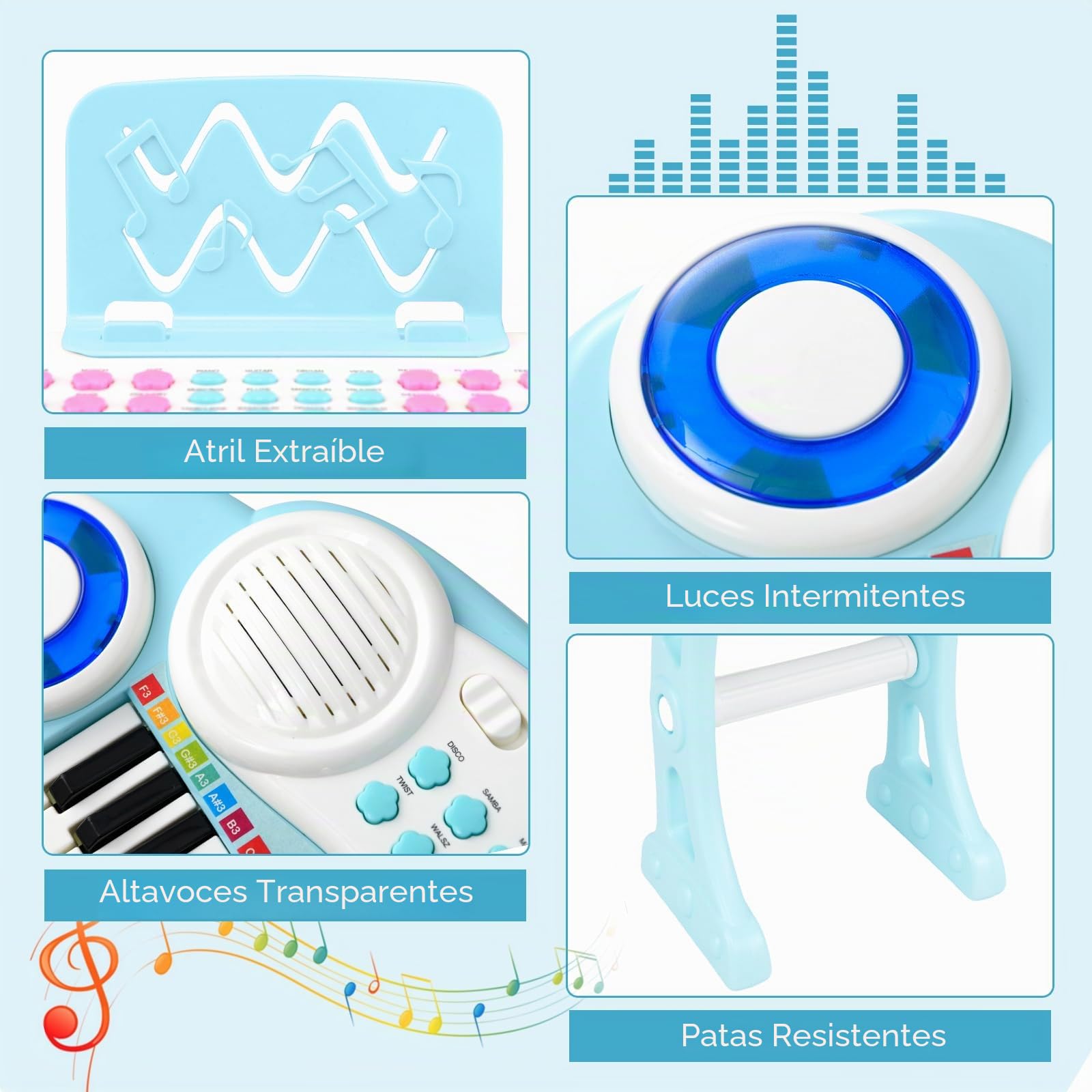 RELAX4LIFE Piano Infantil 37 Teclas con Micrófono, Soporte, Atril y Taburete, Piano Eléctrico con Función de Grabación, 8 Tonos, 8 Ritmos, USB/MP3 para Niños 18+ Meses, Juguetes Niños 1 Año (Azul)