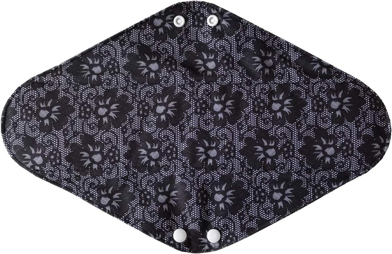 5 Pieces Charcoal Bamboo Mama Cloth/ Menstrual Pads/ Reusable Sanitary Pads (Black lace, Overnight (14 inch))