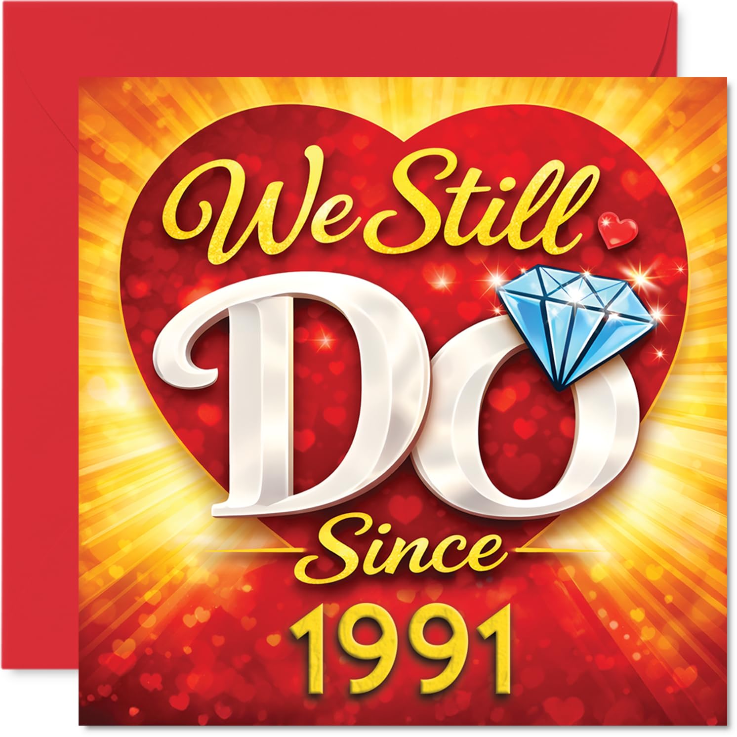Romantic 35th Anniversary Card - Still Going Strong After All These Years - Heart and Diamond Design with Bold 'we Still Do Since 1991' - 145mm Square, Envelope Included