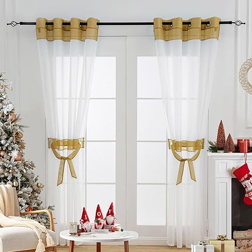 Miniatura 8 de 2 paneles de cortinas traslúcidas blancas y doradas de 63 pulgadas de largo, para sala de estar o dormitorio, cortinas blancas cortas transparentes