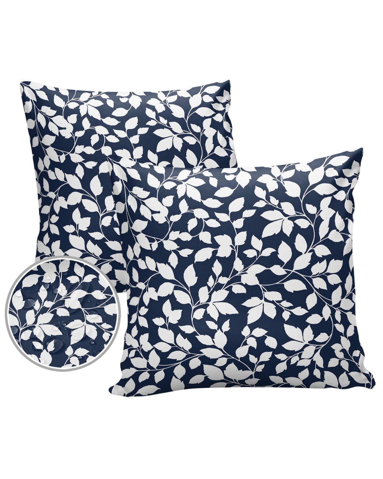 Navy Blue Botanical Outdoor Pillow Covers Waterproof, Summer Spring Floral White Leaf All Weather Cushion Case Set of 2, Decorative Pillowcases for Sofa Couch Bed Decor Patio Furniture 18