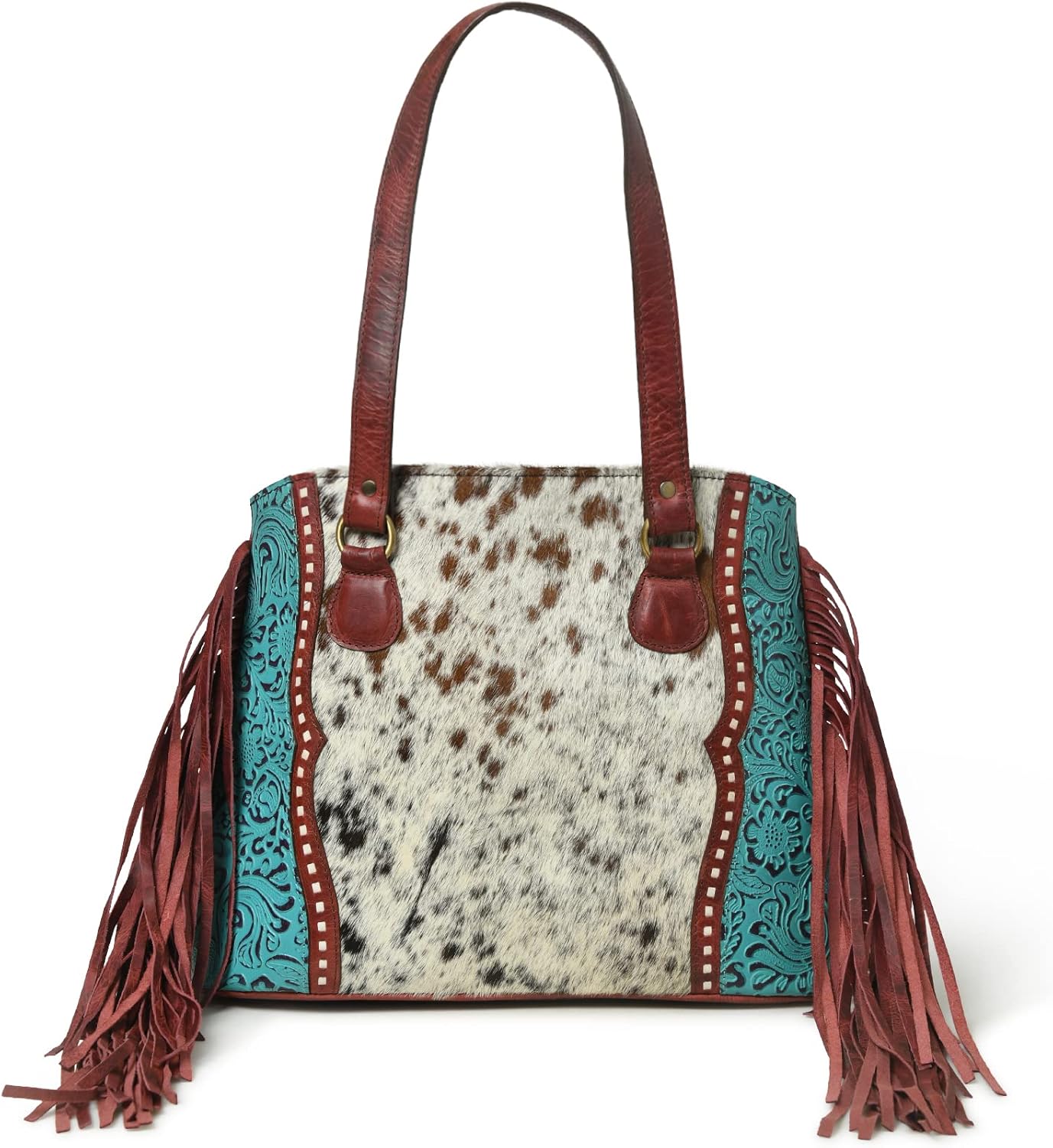 Soft Waxed With Side Fringe Real Hair On and Flower Embosed Leather Tote Bag Purse For Women And Girls (Cherry Color)