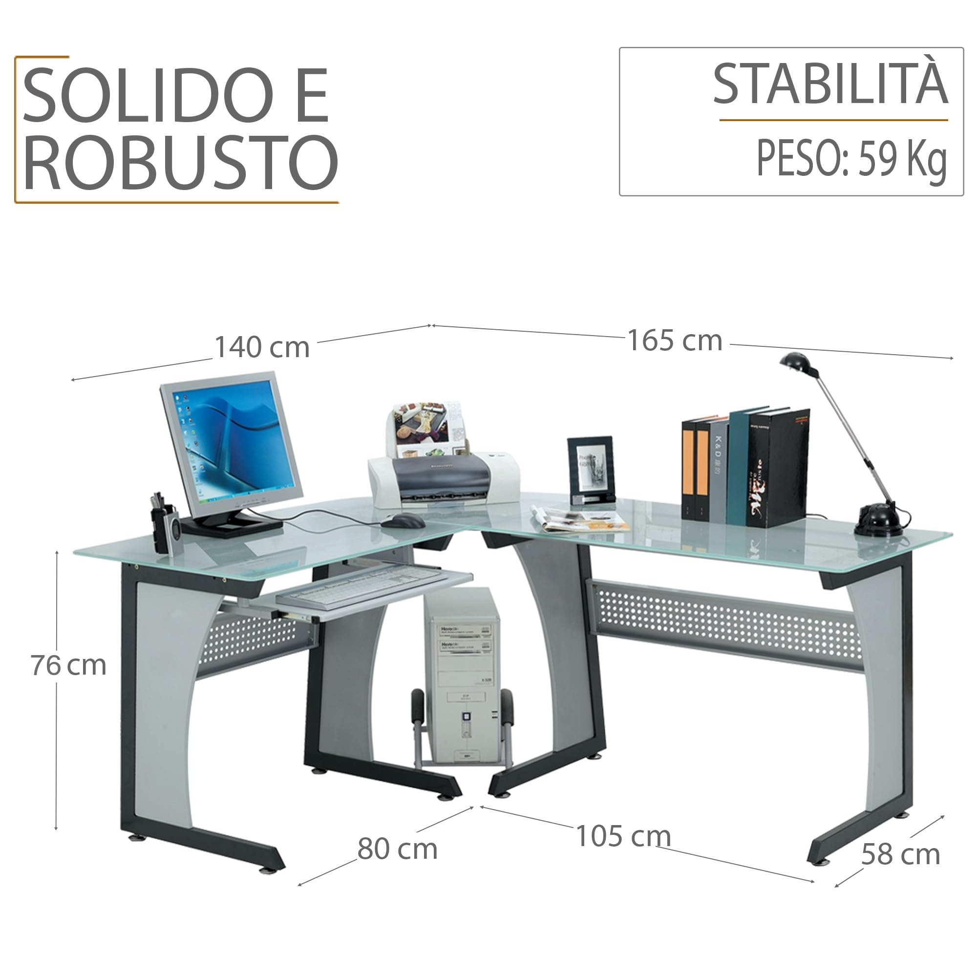 yelloo - Scrivania Angolare per Ufficio, Scrivania Salvaspazio Grande ad Angolo Doppia Postazione, Moderna in Vetro, Adatta come Scrivania Ufficio, Scrivanie Gaming, per Cameretta (Mod. OFFICE)