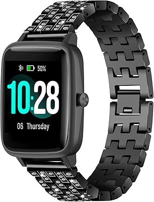 FitTurn Compatible with YAMAY SW020 SW021 SW023 ID205 ID205L ID205U Smart Watch Band for Women Men Replacement Quick Release Rhinestone Metal Bling Bracelet Wristband (Black)