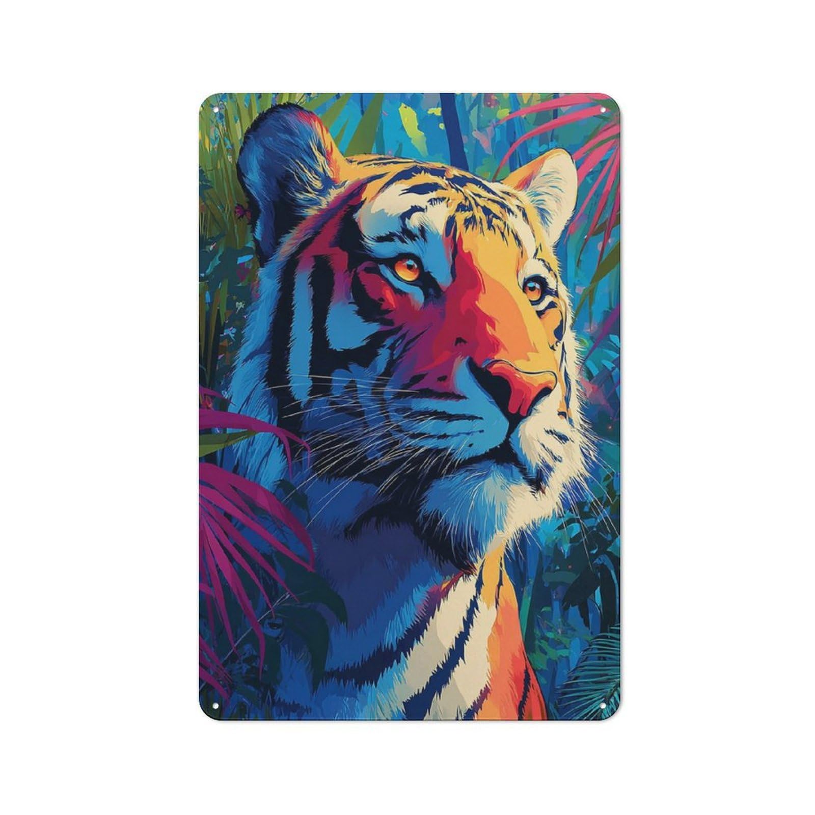 Classic Metal Plaque 30x20cm Featuring Colorful Tiger in Jungle -1, Bistro Wall Plaque for Kitchen, Cafe, Pantry Or Dining Room