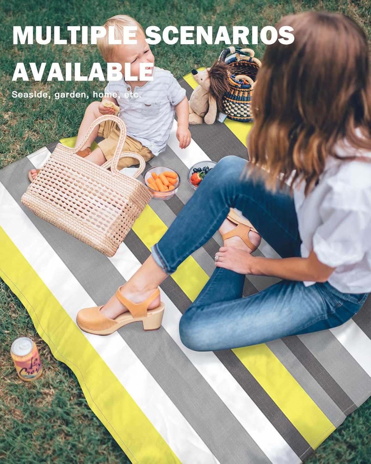 Multicolor Horizontal Striped Beach Blanket Waterproof Sandproof Outdoor Picnic Mat 118"x108" Yellow Grey White Lightweight Large Beaach Blankets with 4 Stake & 4 Corner Pockets