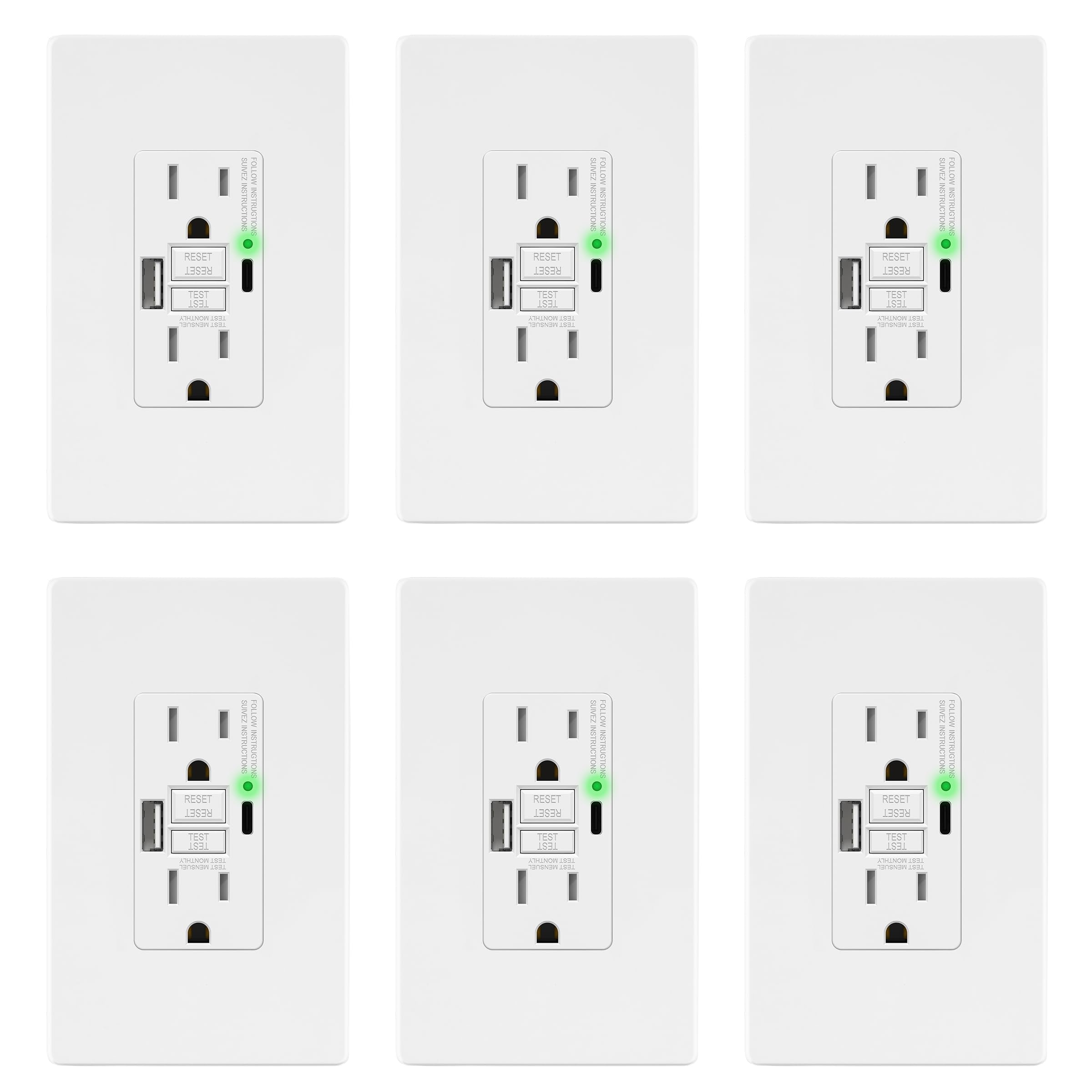 LIDER Lot de 6 prises USB GFCI 15 A, inviolables, auto-test, USB A & C 4,2 A, indicateur LED, protection anti-interférences (pas de faux trébuchement), plaque murale sans vis, homologuée ETL