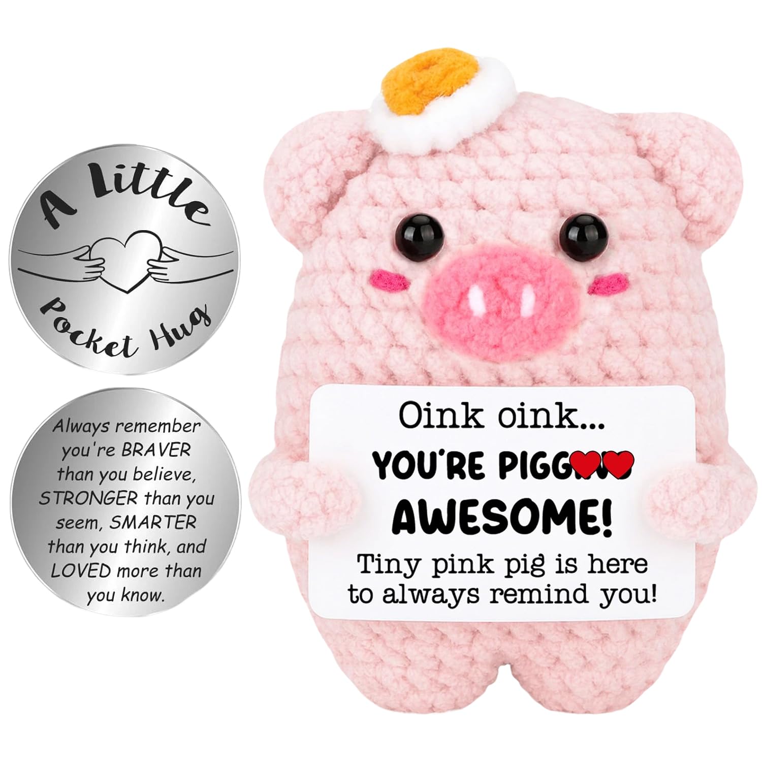 Laicaii Positive Crochet Animals, Pink Pig with Pocket Hug Coin, Handmade Emotional Support Crochet