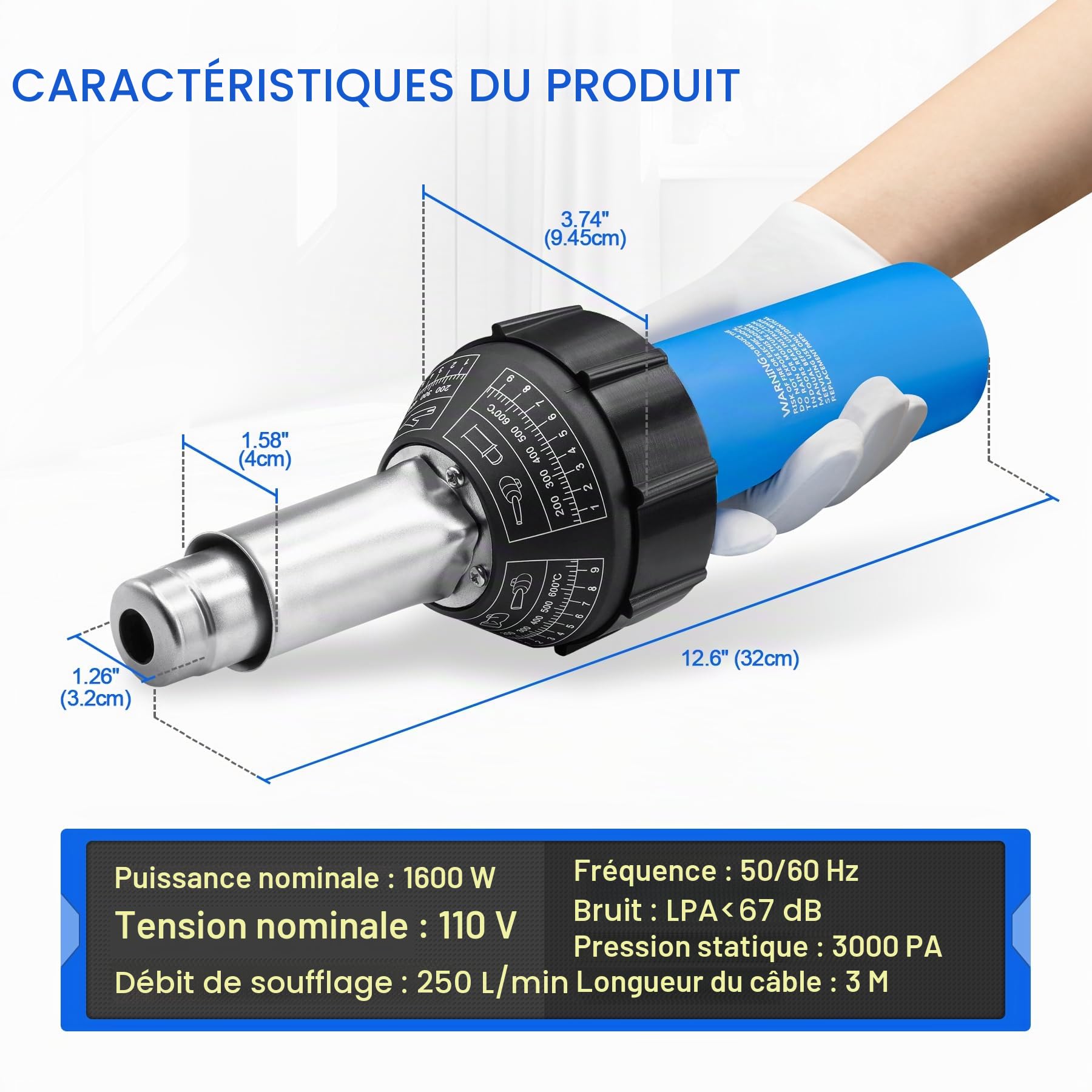 Soudeur en plastique à air chaud 1600 W, kit de soudure en plastique de toiture 110 V, vinyle PVC TPO, soudage à la main, pistolet à air chaud avec divers