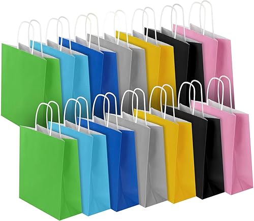 bagmad Paquete de 70 bolsas de papel kraft multicolor medianas de 8 x 4.75 x 10 pulgadas con asas, 7 colores surtidos, bolsas de regalo para