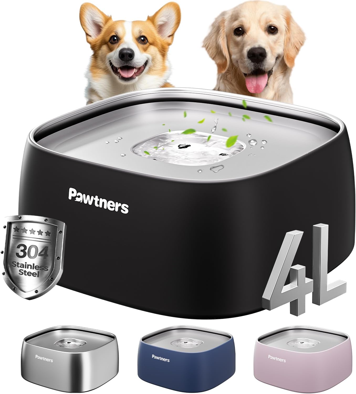 Dog Water Bowl No Spill, 4L Stainless Steel Slow Water Bowl for Dogs with Non-Slip Base, Spill Proof for Medium Large Messy Drinkers, Slow Drinking, Slobber Stopper, No Mess, Black