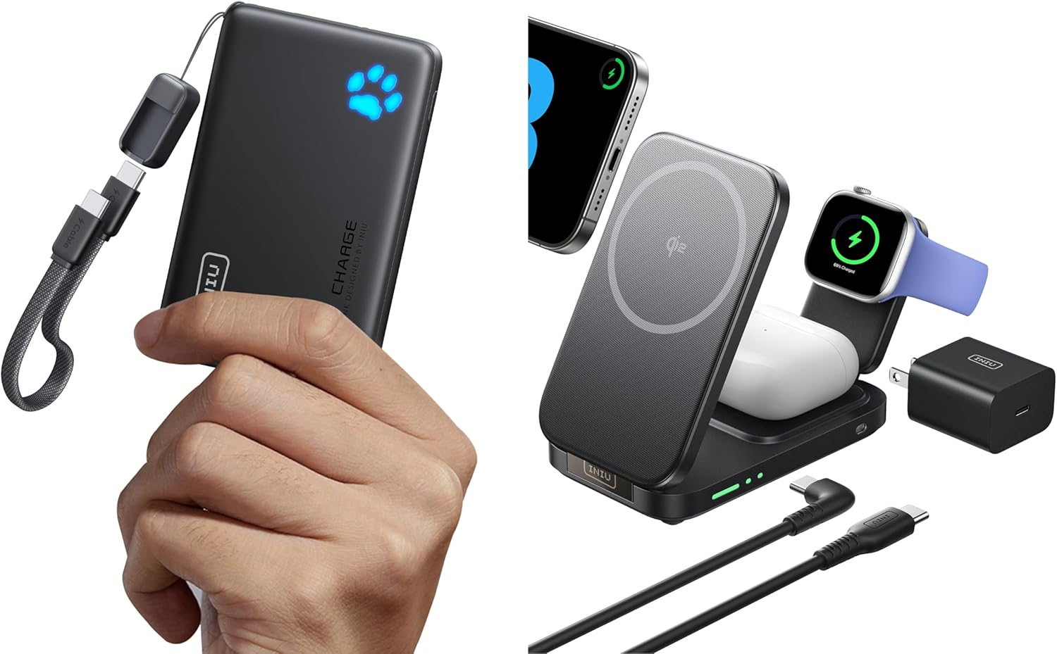 INIU Ultra Slim 10000mAh 45W PD Power Bank & Qi2 Certified, 3 in 1 Wireless Charging Station for Apple Multiple Devices Combo