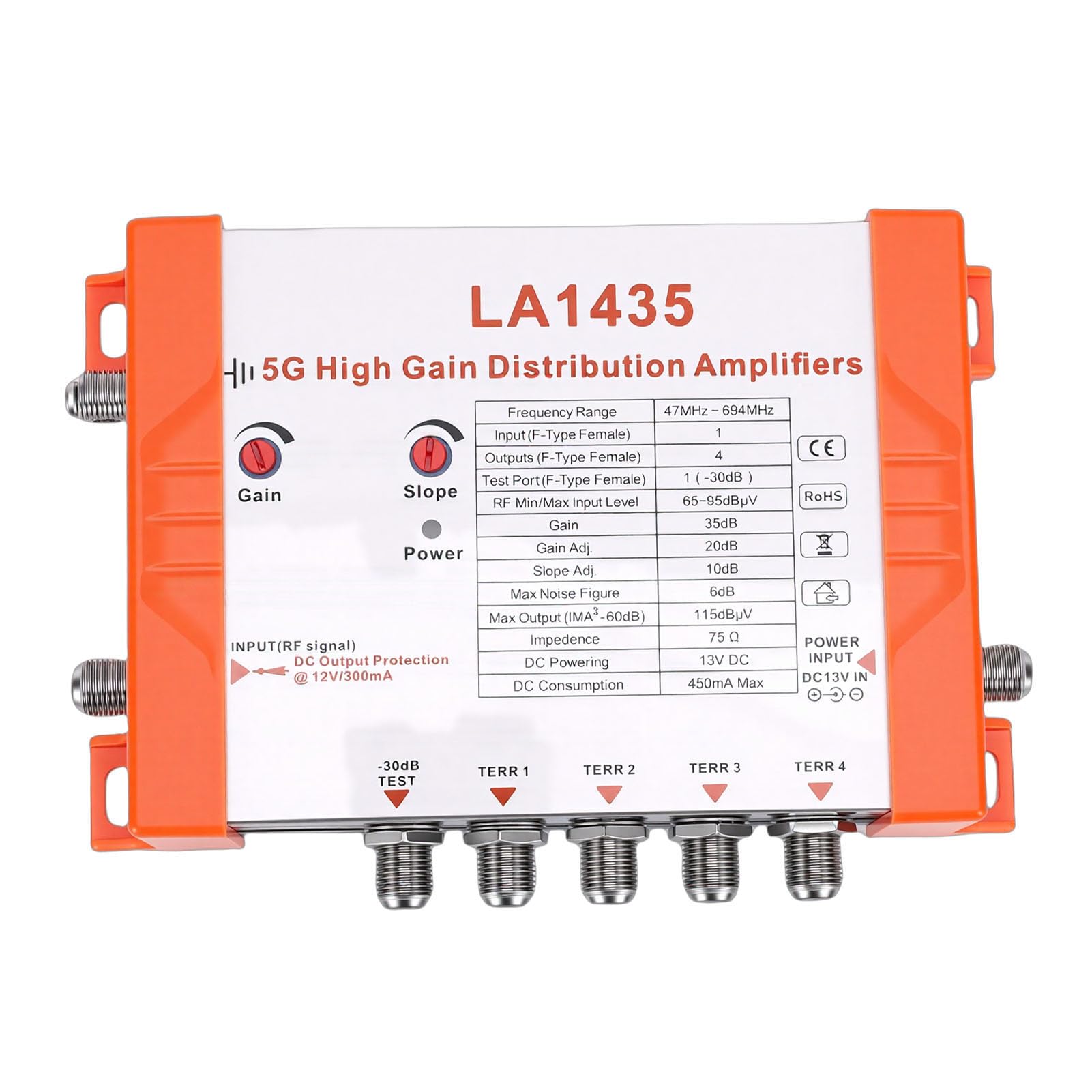 Bewinner Amplificador de Distribución de TV de 4 Vías de Alta Ganancia con Filtro 5G LTE, Ganancia de 35 DB para Varios Televisores, 1 Entrada y 4 Salidas Tipo F, Compatible con RED (Enchufe de la UE)