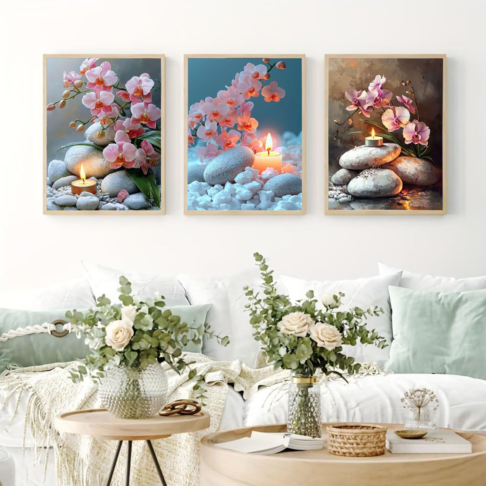Generico Cnyaunfi 3 Pezzi Fiore Pittura Diamante Fai-Da-Te, 5D Bianco Diamond Painting Kit Completo per Hobby Creativi Adulti, Per La Decorazione Della Parete Di Casa 70x90cm YF-3216