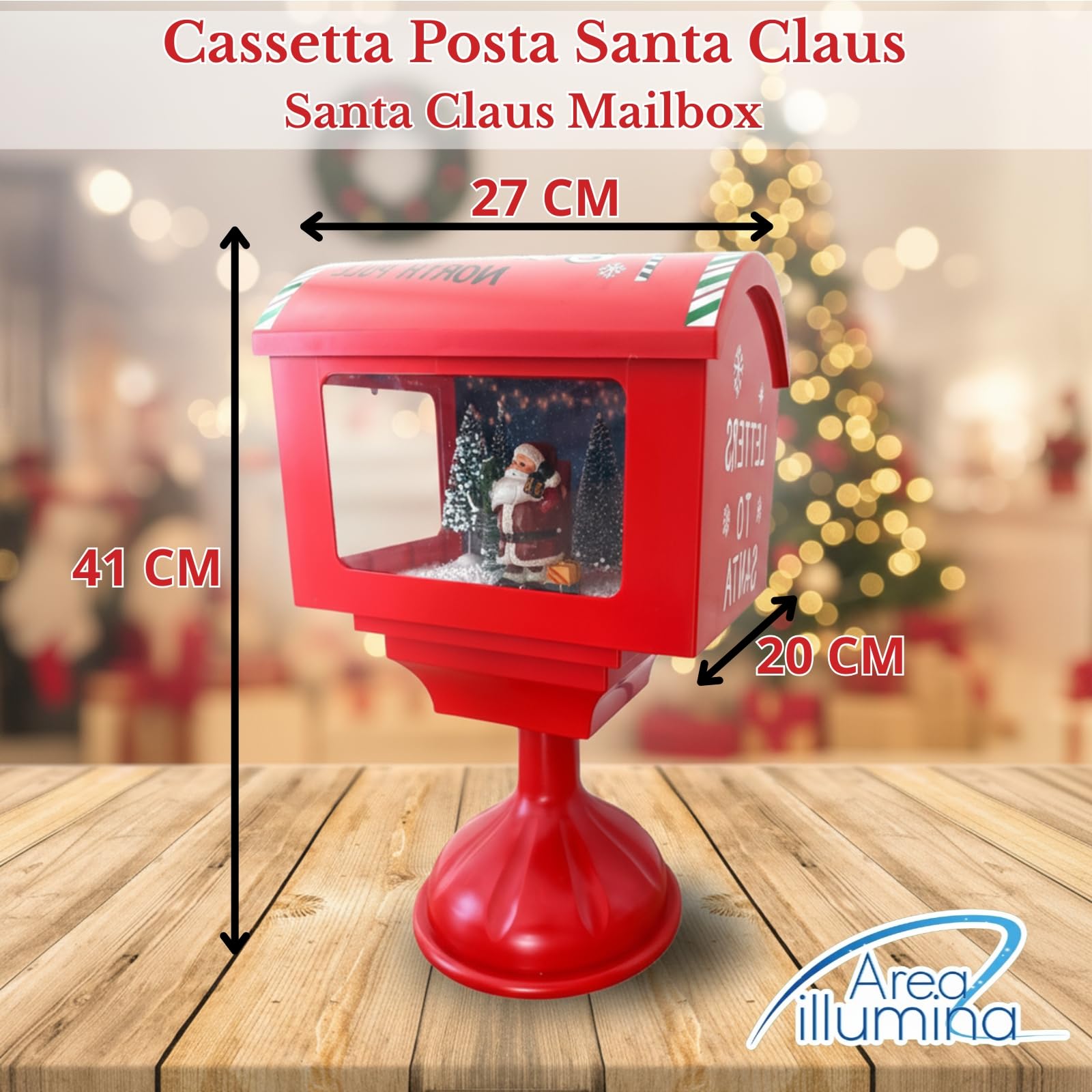 Cassetta Posta di Santa Claus Rossa con LED, Musica e Neve – Decorazione Natalizia Luminoso e Musicale per Casa, Vari Modelli (Cassetta con Piede)