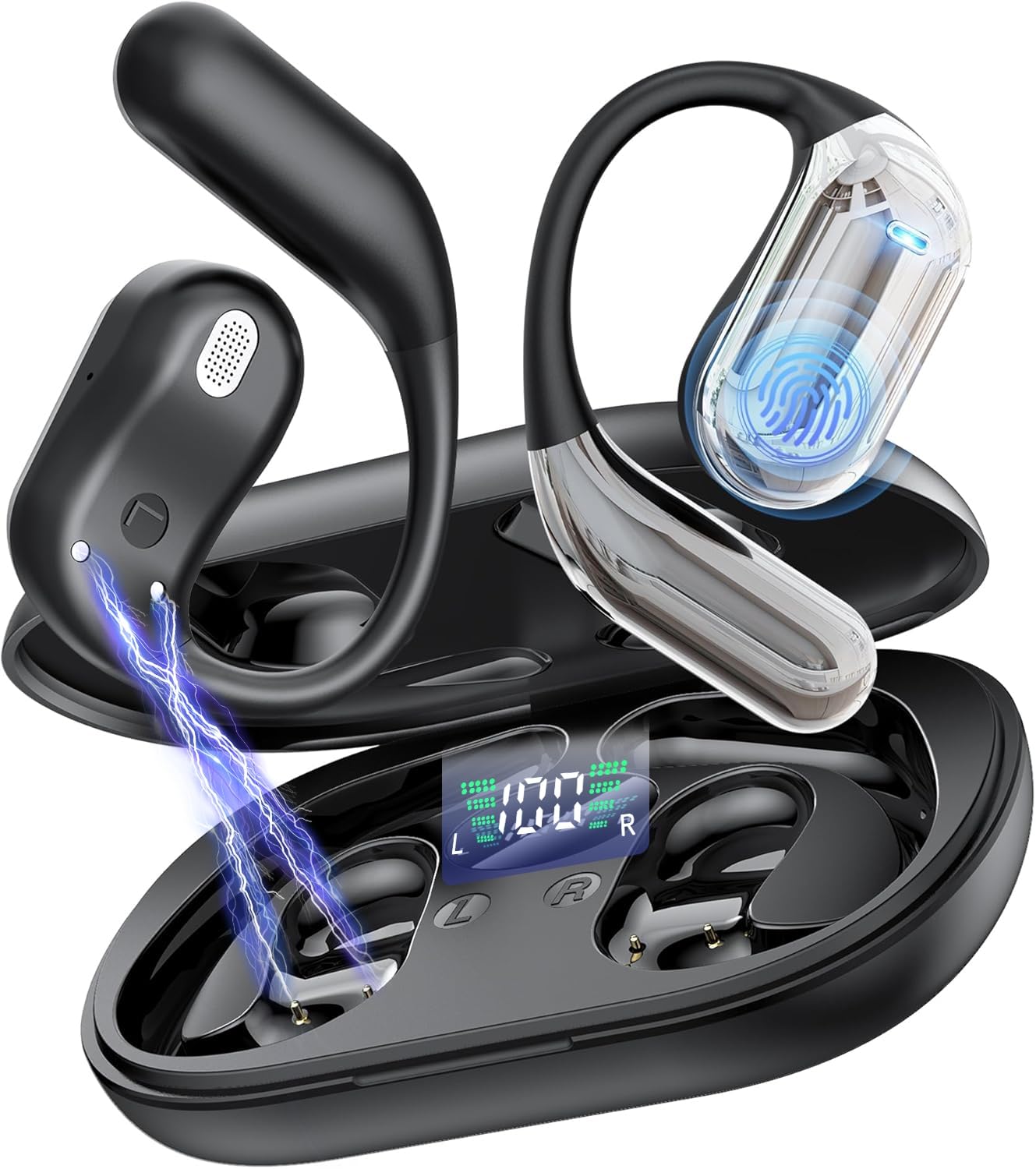 Open Ear Kopfhörer 50 Std Kabellos Bluetooth 6.1 HiFi Kopfhörer mit Flexiblem Ohrhaken 4 ENC Mic 1 std Schnellladung Type-C Kabel Doppel LED Ladebox Smart Touch Over On Ear Ohrhörer für Sport Running