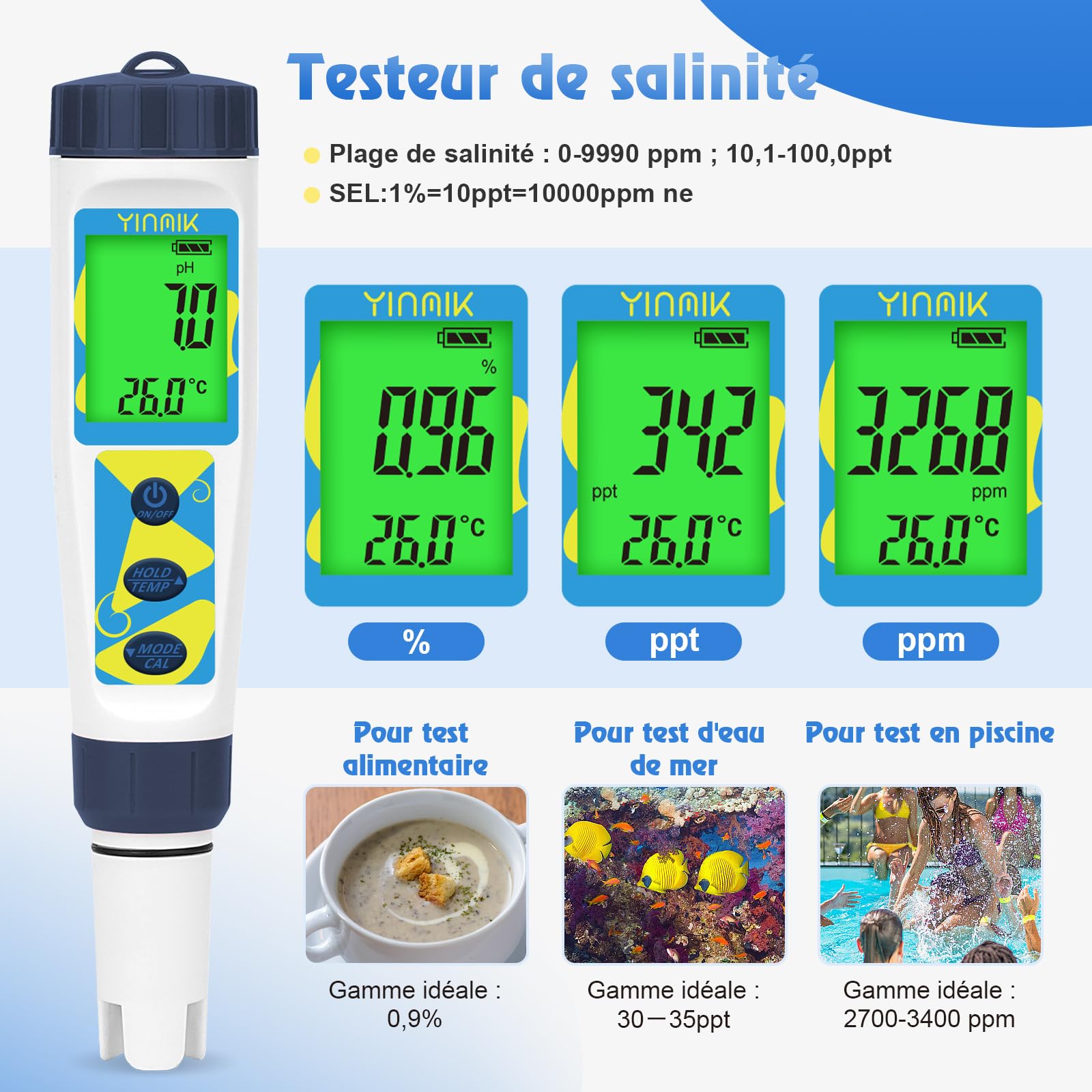 YINMIK Testeur de pH Salinité Numérique, Testeur électronique de pH, Testeur de pH Portable pour piscines d'eau de mer, convient aux piscines, aquariums, cultures hydroponiques, eau potable, etc.