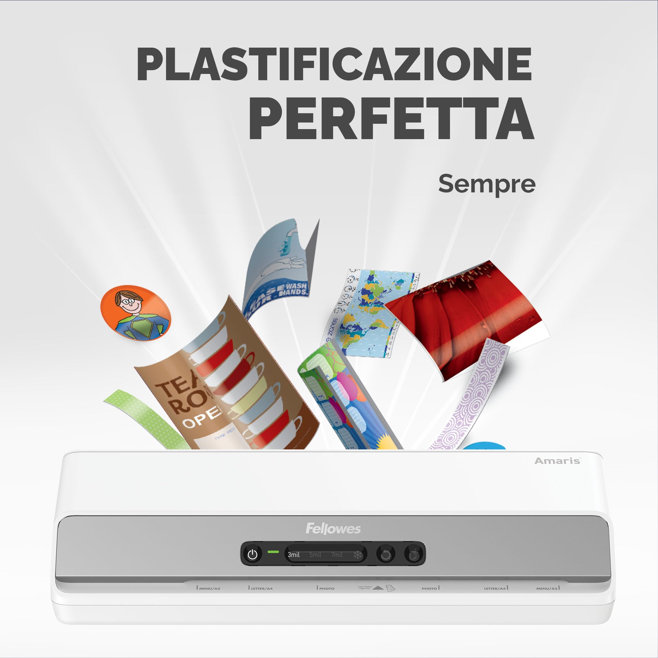 Fellowes plastificatrice a caldo Amaris A3, formato A3, fino a 175 micron, per casa e ufficio, riscaldamento rapido, con retromarcia e modalità riposo, 6 rulli, incluso starter pack di 10 pouches