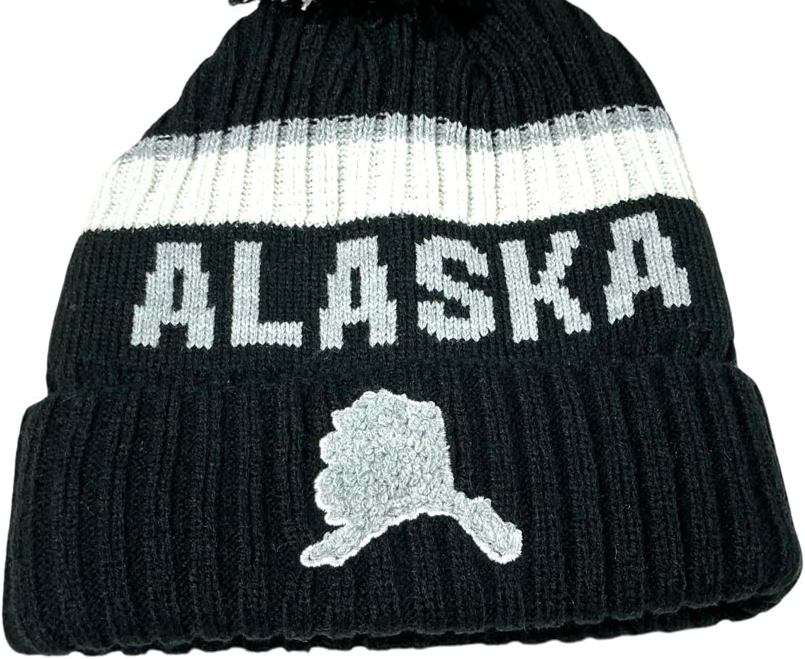 Robin Ruth Alaska Beanie Hat Heavy Black Grey White Alaska Map/Mixed Pom Pom - Image 2