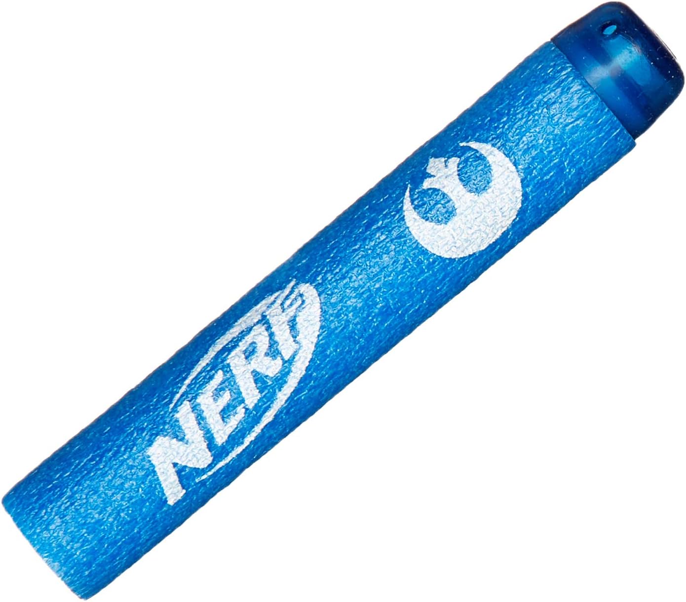 Close-up of a blue Nerf Elite dart with Star Wars Rebel Alliance symbol