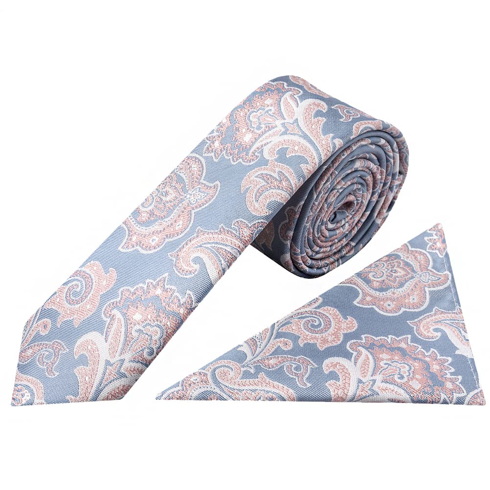 TIES R US Blue and Pink Paisley Skinny Mens Tie and Pocket Square Set