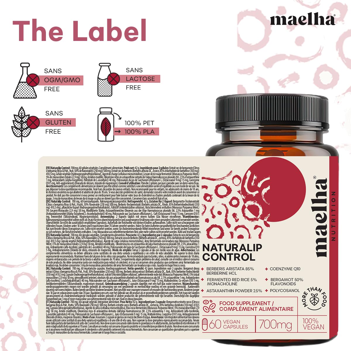 Naturalip Control | Ayuda a mantener los niveles de colesterol y Triglicéridos | Arroz de lavadura roja, Berberina, Coenzima Q10 y Astaxantina | Alta concentración | 60 Cápsulas | 100% Vegano