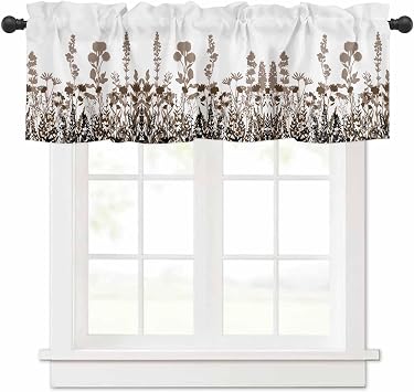 Brown Flowers Valances Window Treatment Farmhouse Decor, Vintage Country Spring Wild Floral Herbs Rod Pocket Valance Curtains for Living Room, Bedroom, Kitchen, 60" W x 18" L - 1 Panel