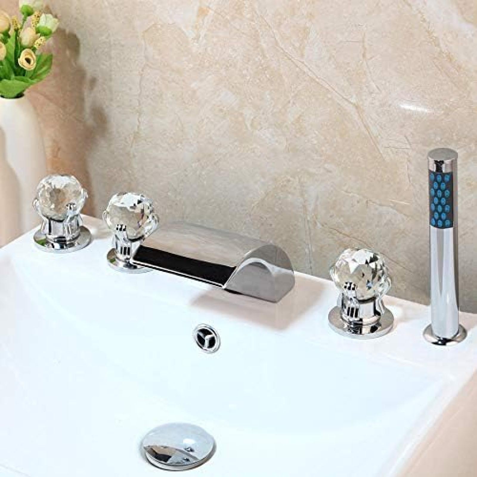 Chrome Solid Brass 5 Pcs Set Waterfall Spout Deck Mounted Diamond Handles Hand Sprayer Bathroom Bathtub Faucet Shower Set
