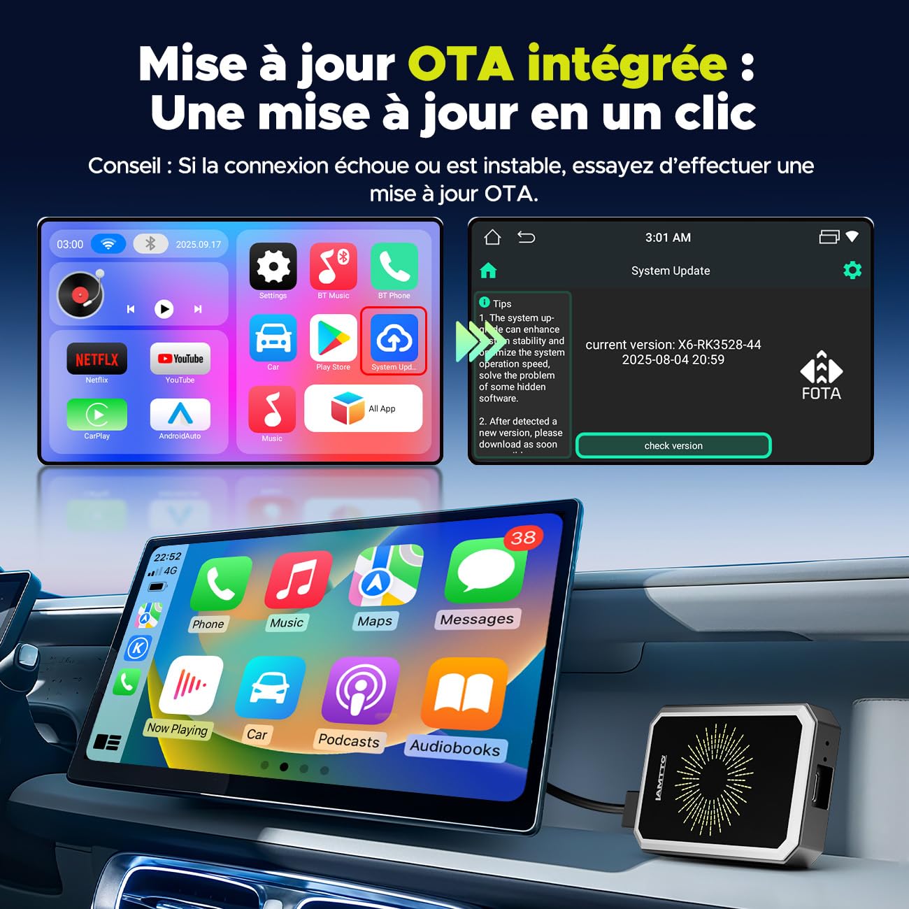 LAMTTO Adaptateur CarPlay sans Fil, AI Box Android avec Google Play Store, Gemini AI, CarPlay & Android Auto sans Fil, HDMI, AirPlay, Lecture USB, WiFi Double Bande, Bluetooth, OTA