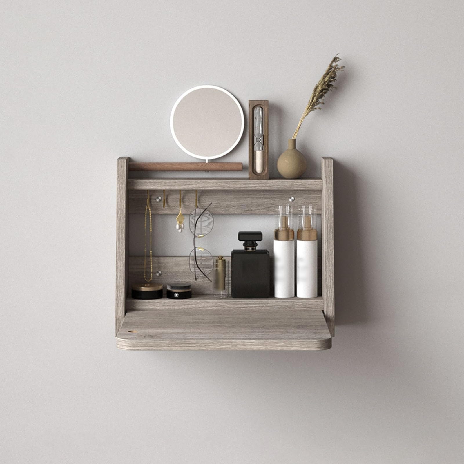 asdchZen Wall-Mounted Makeup Vanity Table With Mirror, Stylish Wood Dressing Table For Bedroom & Living Room, Compact Makeup Station Set For Women & Girls, Space-Saving Beauty Org,Dark Oak-40x30x37cm