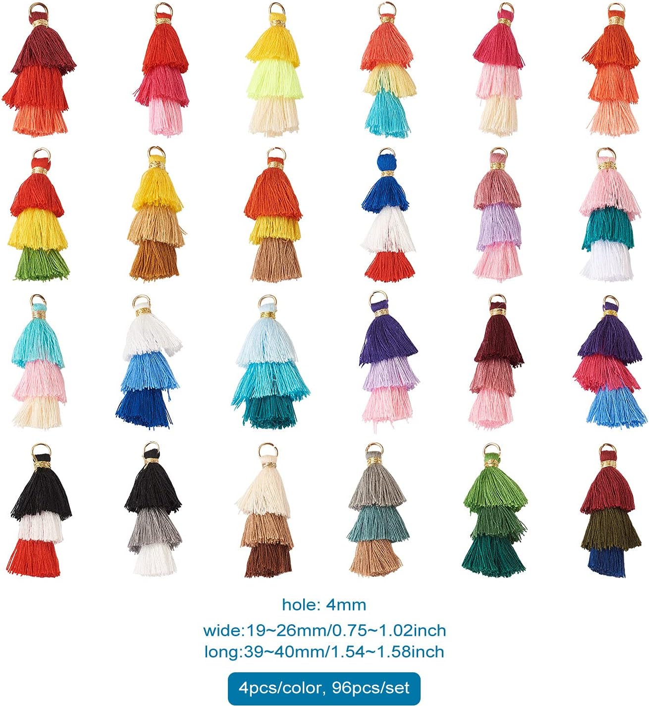 Pandahall 96pcs Tri-Layered Tassels Pendants Colorful Polycotton Thread Silky Tassels with Iron Gold Jump Ring for Jewelry Making DIY Drop Earrings Key Chains Bag Decor