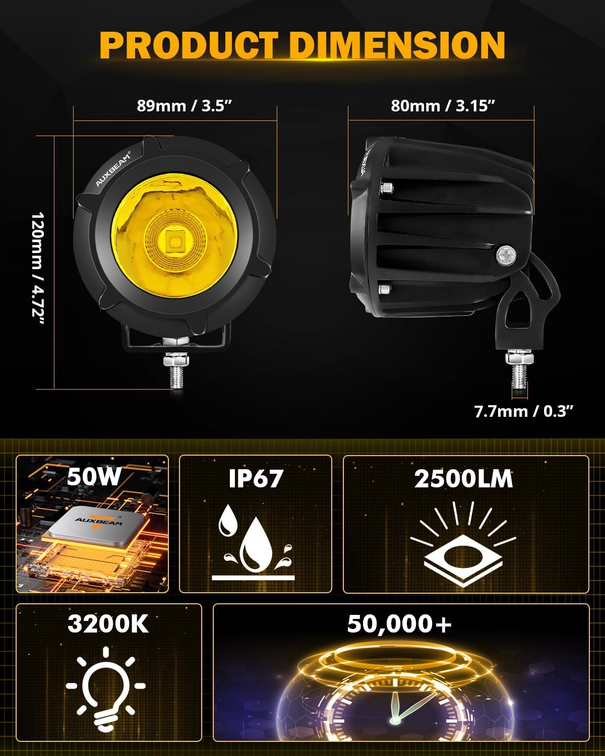 Auxbeam Amber Fog Lights, 3.5 Inch 50W Round Led Offroad Light 5000LM Yellow Round Led Pods with Wiring Harness Kit, Spot Flood Combo Driving Lights for Truck ATV UTV Motorcycle Off-Roading