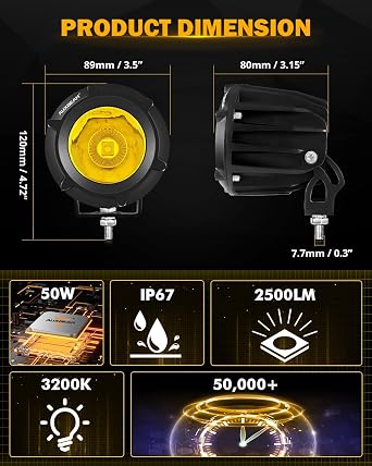 Auxbeam LED Pod Light, 3.5 Inch Amber Round Off-Road Fog Lights