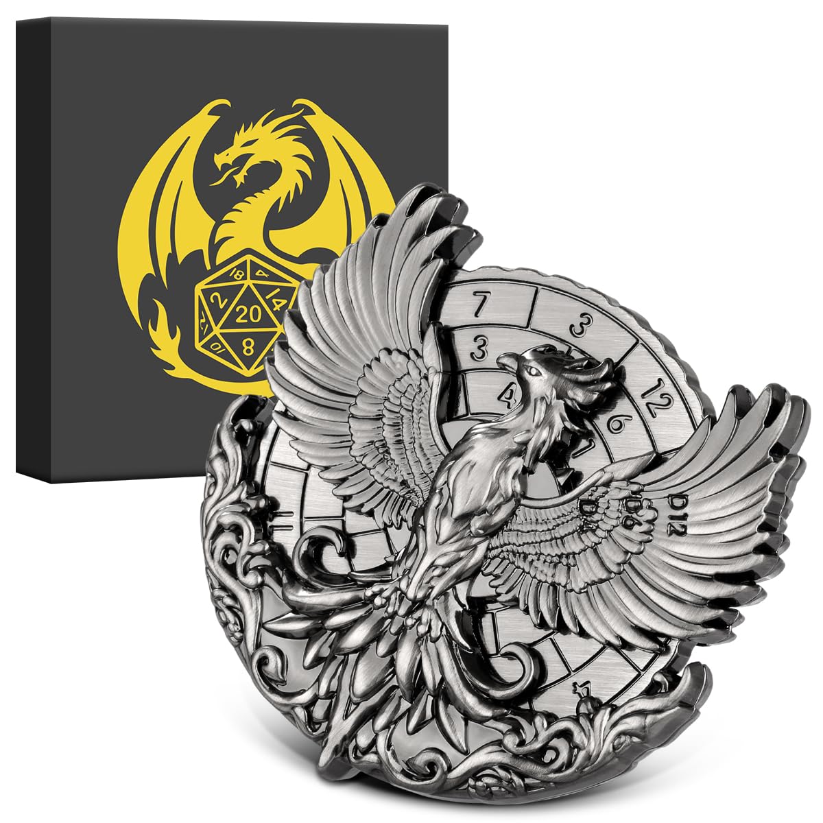 7-in-1 Phoenix Fingertip Gyro, DND Wheel Dice Spiner, DND Starter Set, 7-in-1 Metal D&D Dice Set, D&D Gifts with Dragon Logo Gift Box, Tabletop Games, Role Playing Board Game Accessories, Silver