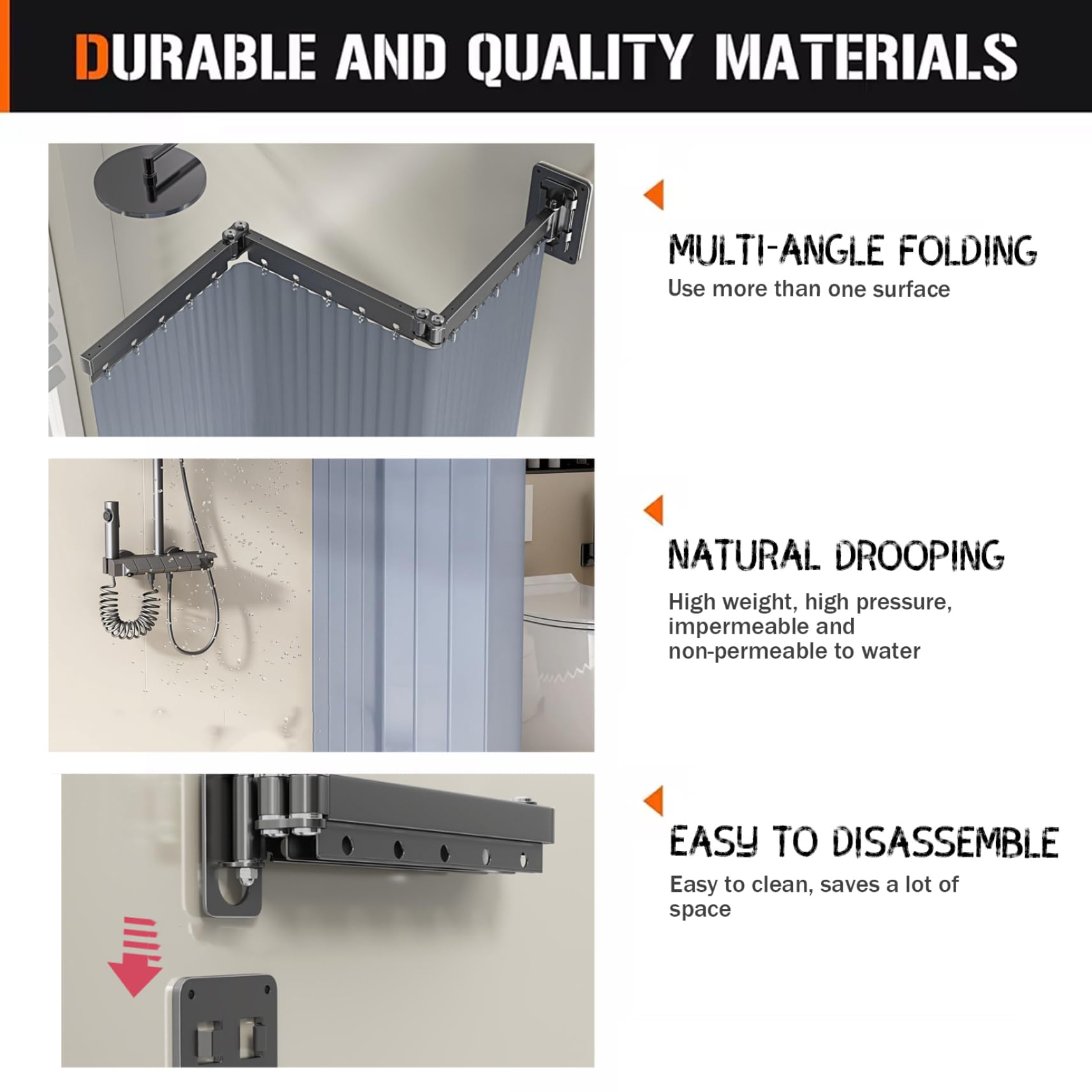 Cortina de Ducha retráctil Resistente y Plegable con riel de aleación de Aluminio extraíble para baño Esquina bañera y hogar 3 Pliegues.